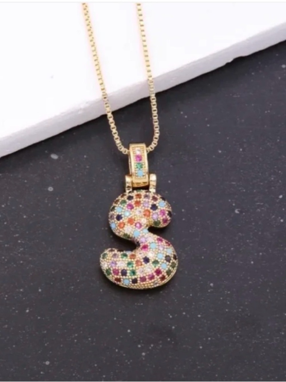 18K Gold Plated Multicolor CZ Initial S Necklace 18”